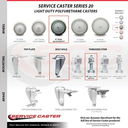 Service Caster 4 Inch SS Gray Polyurethane Wheel Swivel 3/8 Inch Threaded Stem Caster SCC SCC-SSTS20S414-PPUB-381615